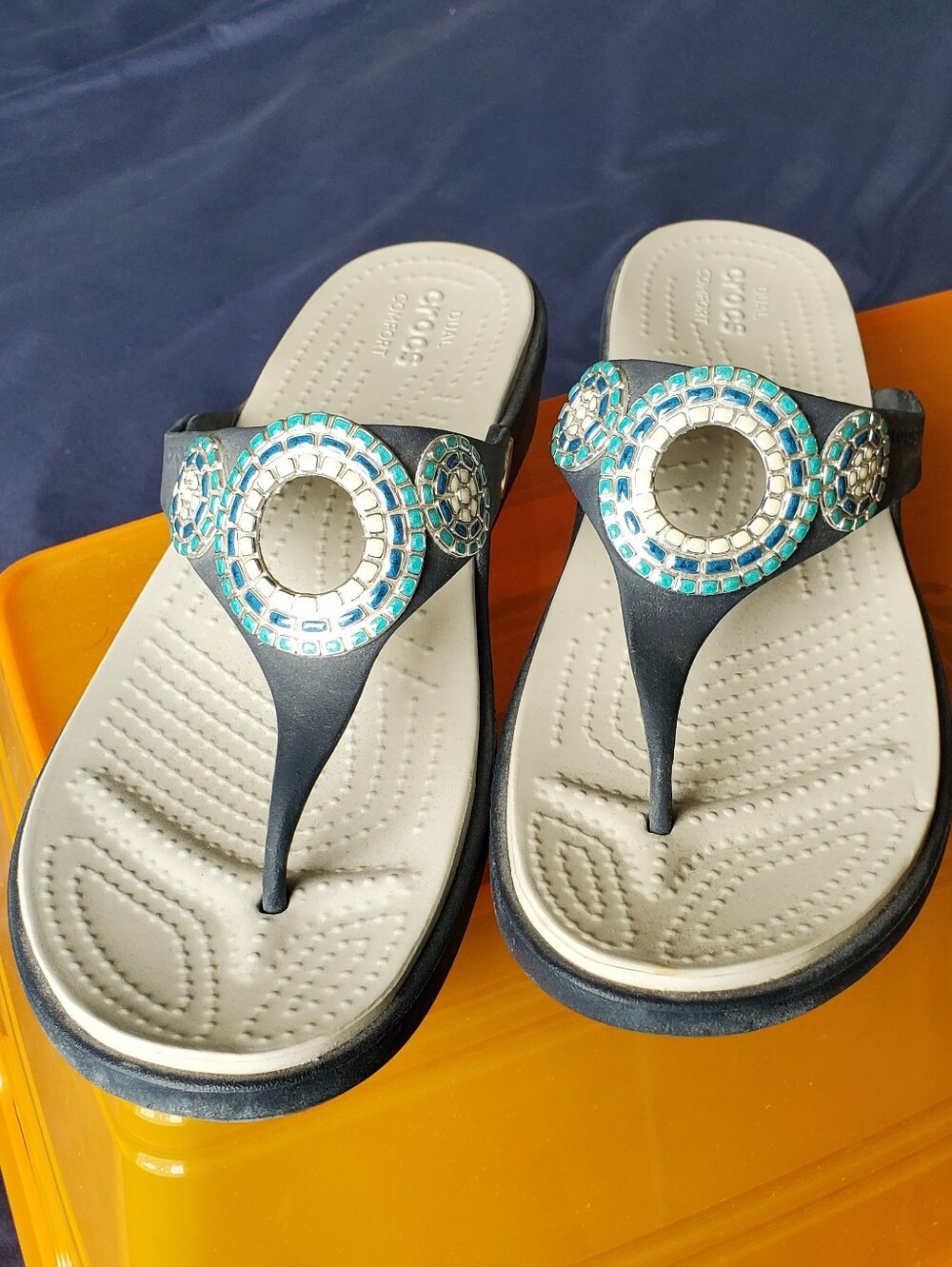 CROCS Navy Metallic Thong Sandals with Teal and Silver Gem Accents